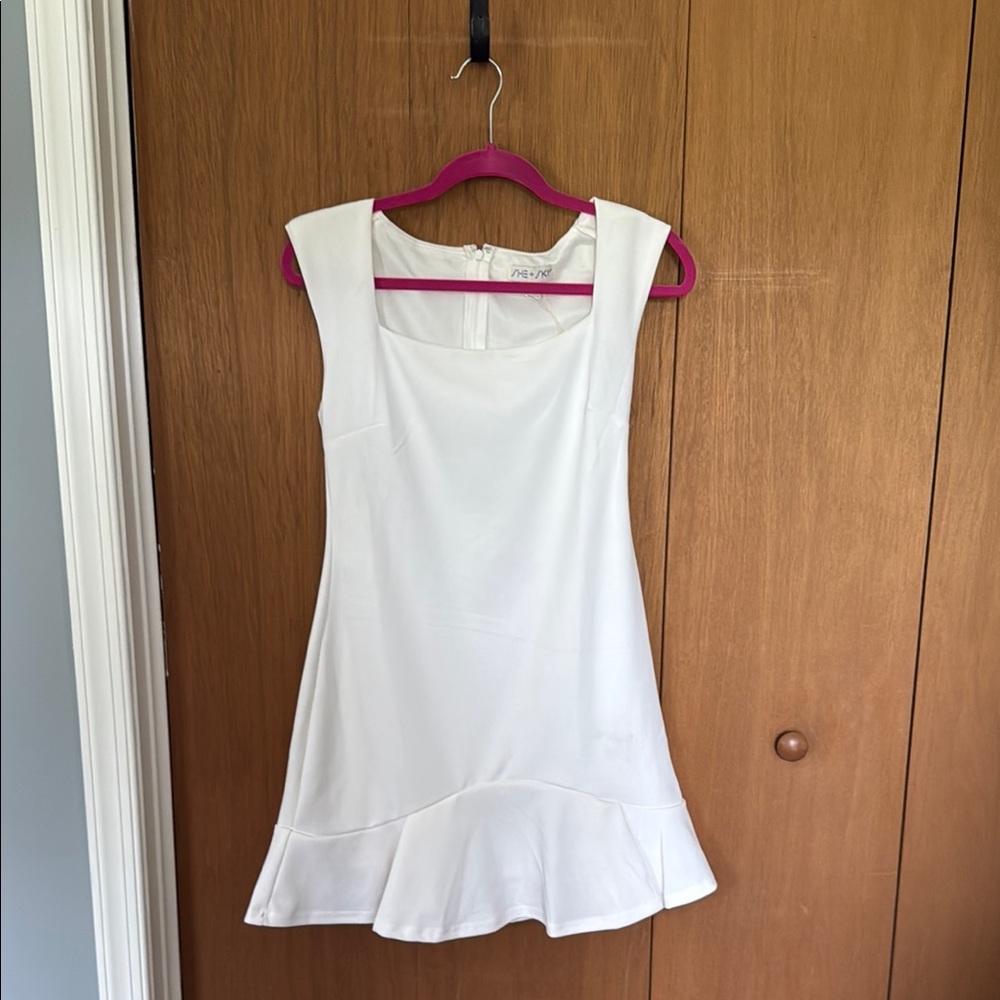 She and Sky White Ruffled Sheath Mini Dress